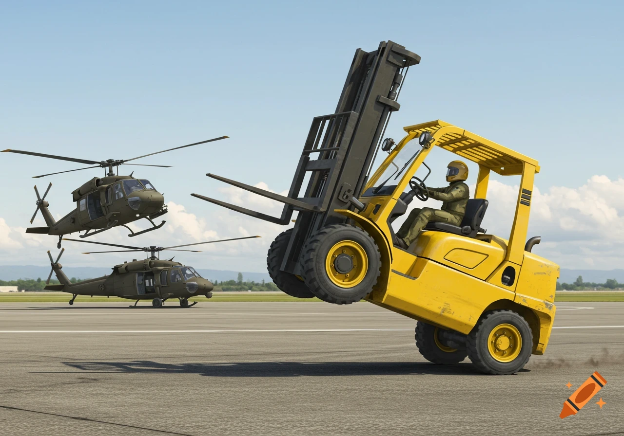 A yellow forklift does a wheelie on an airport tarmac with two military helicopters behind it.
