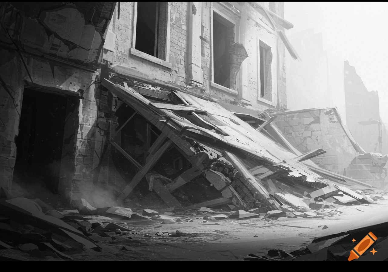 Black and white illustration of a collapsed building in ruins.