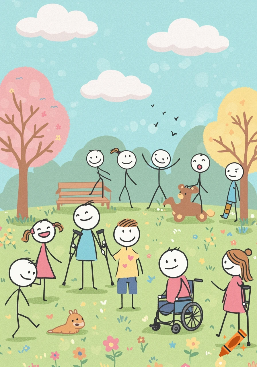 Stick figure illustration of diverse children, some with disabilities, playing in a park with pastel colors.