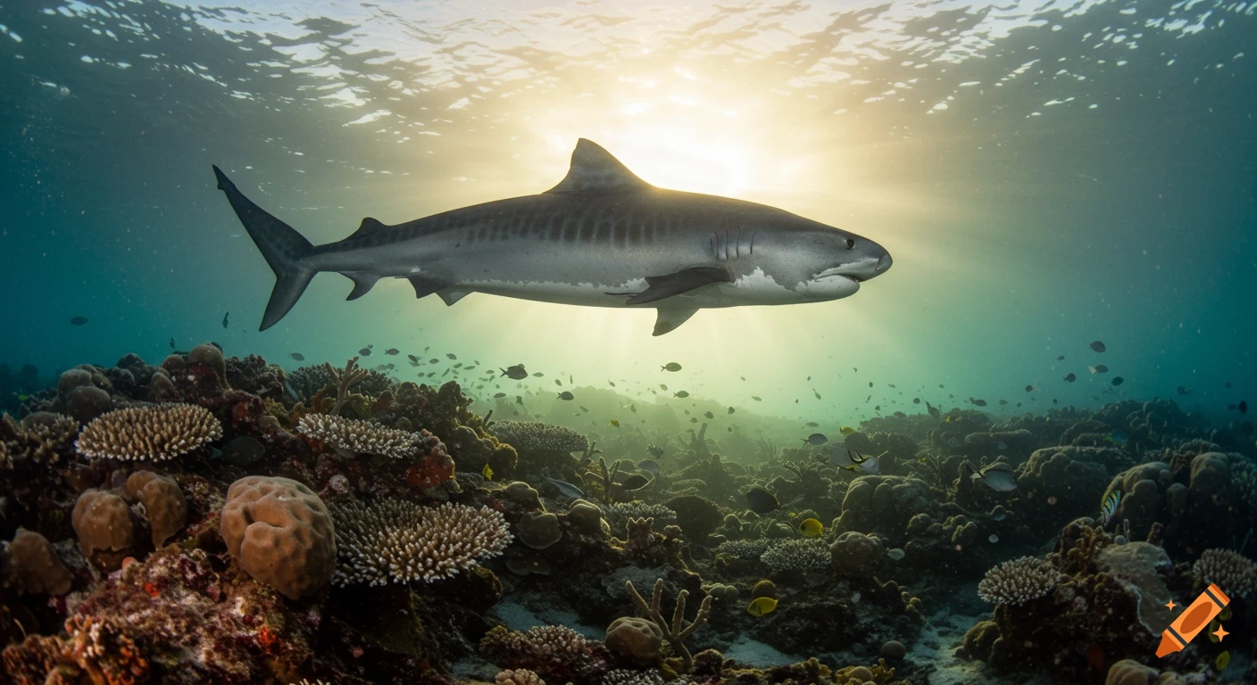 A tiger shark swims over a coral reef with sun rays filtering from the surface.