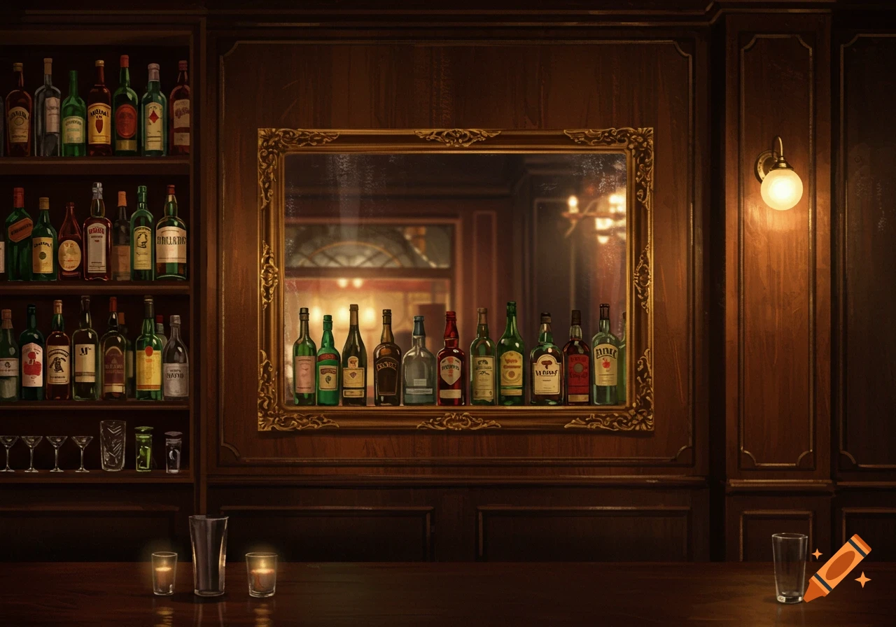 A vintage bar interior with shelves of liquor bottles and a large mirror.