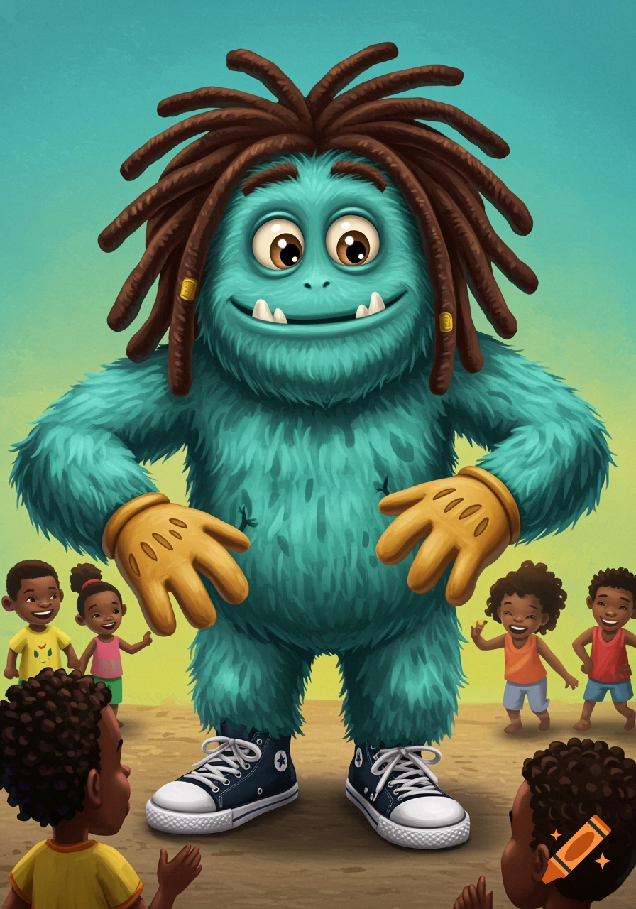 Illustration of a friendly blue monster with dreadlocks, gloves, and sneakers standing with smiling children.