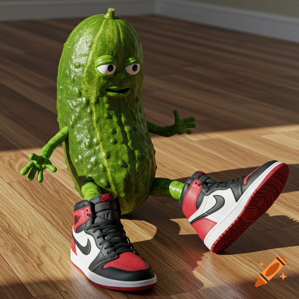 A cartoonish pickle character sits on a wooden floor wearing red and black sneakers.