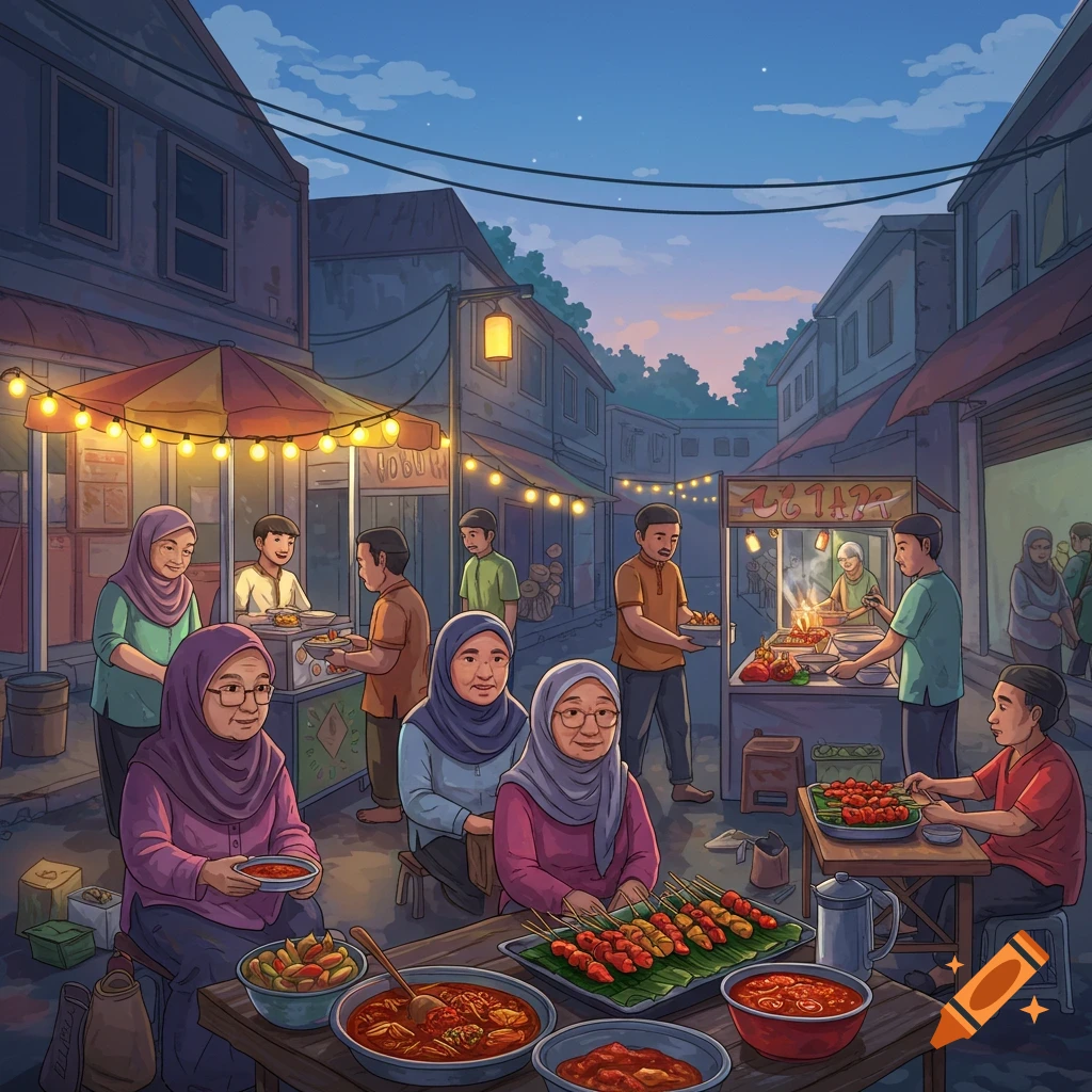 Illustration of a bustling street food market at dusk with people eating and preparing skewers and other dishes.