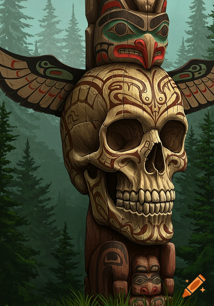 A stylized skull carved into a Native American style totem pole stands in a forest.