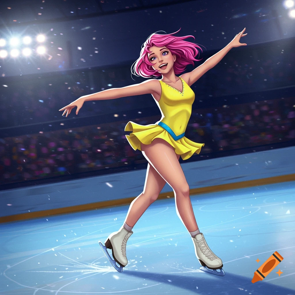 Young woman with pink hair figure skating in a yellow dress in an arena.