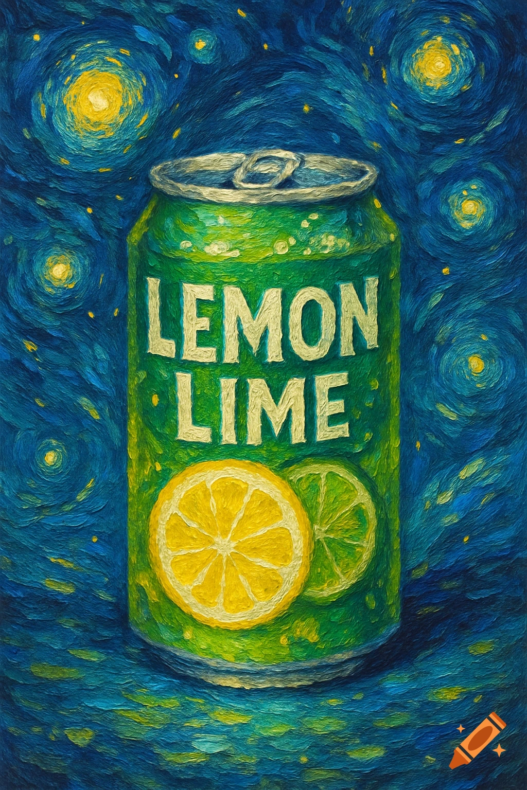 A can of lemon lime soda painted in the style of Van Gogh's Starry Night.