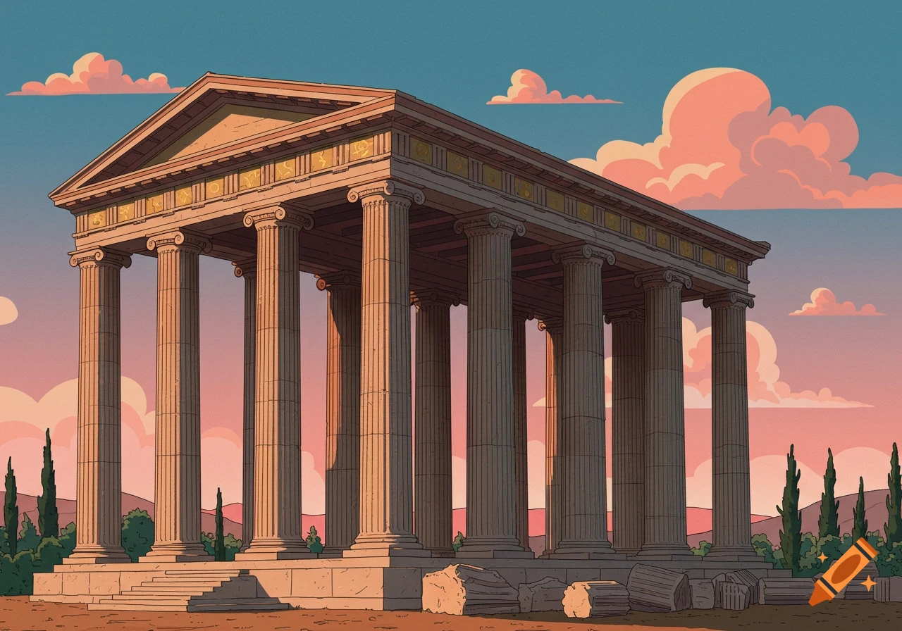 Ancient temple with columns at sunset, in a stylized art style.