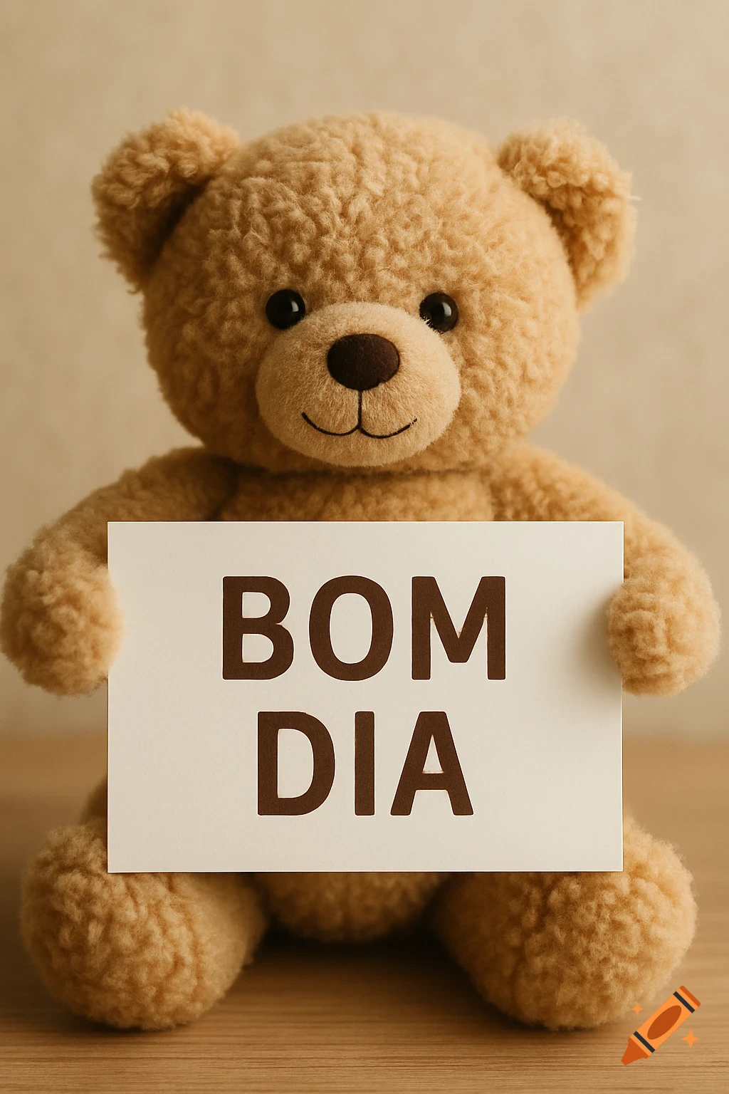 Photorealistic image of a fluffy brown teddy bear holding a white sign that reads 'BOM DIA'.