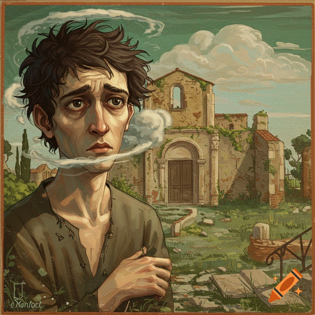 Portrait of a sad man smoking in front of a ruined building in a rural landscape.