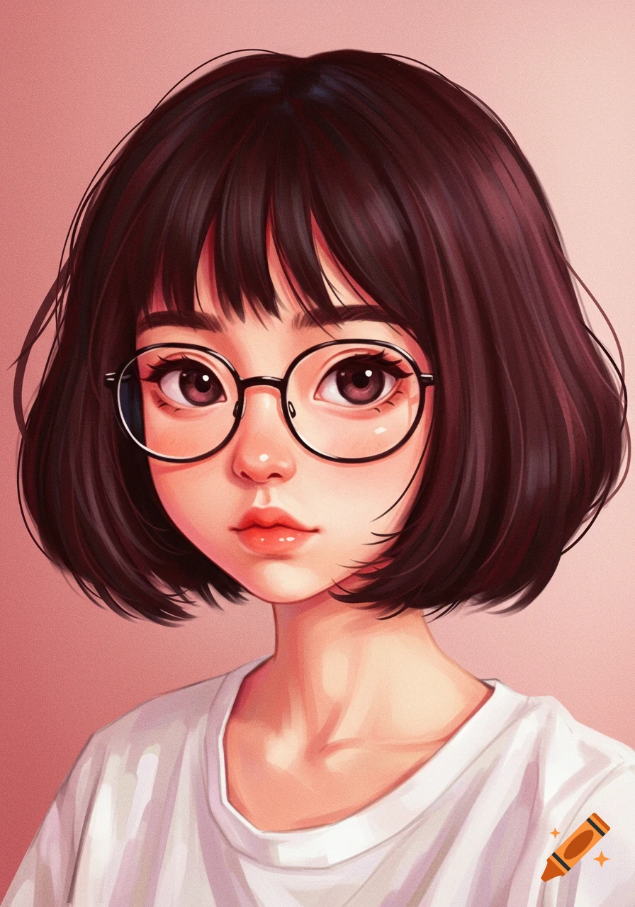 Illustration of a young girl with bob haircut and glasses on Craiyon