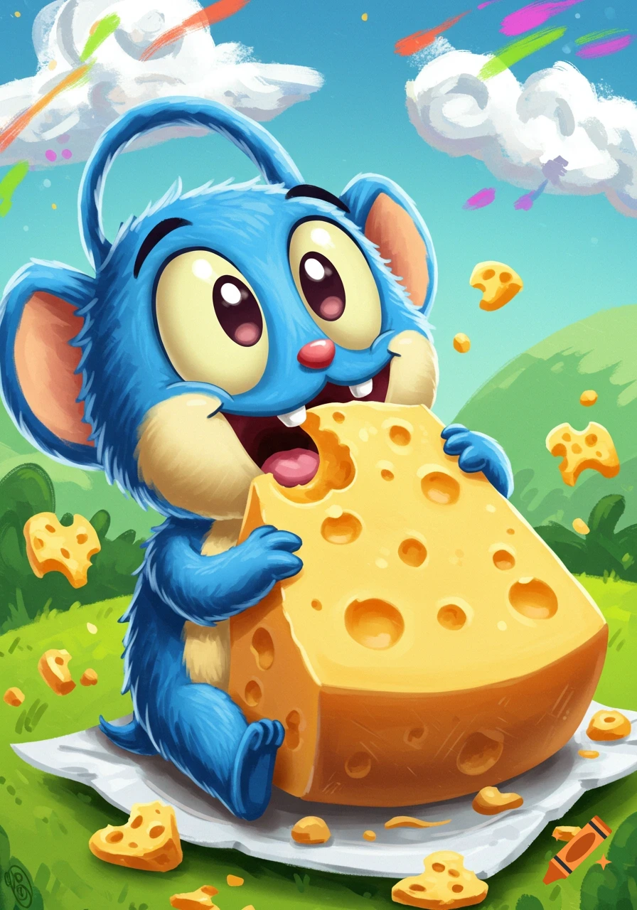 Cartoon blue mouse happily eating a large piece of cheese in a field.