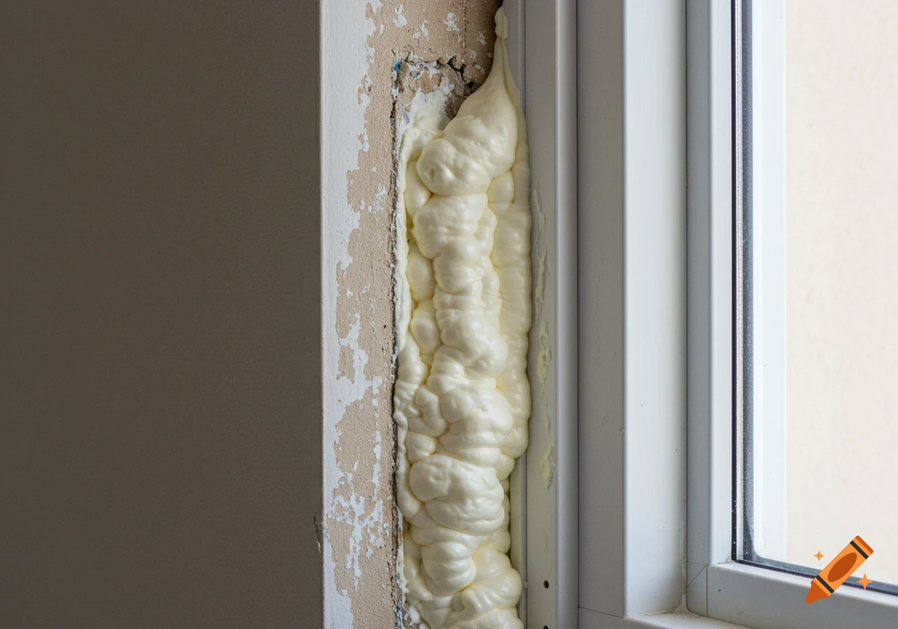 Close-up of expanding polyurethane foam filling a gap between a window frame and a wall with chipped paint.