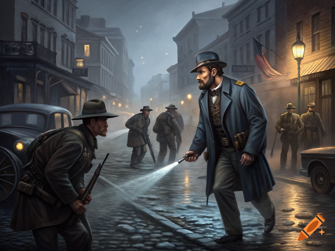 Men in period clothing search a misty street at night, one holds a flashlight.