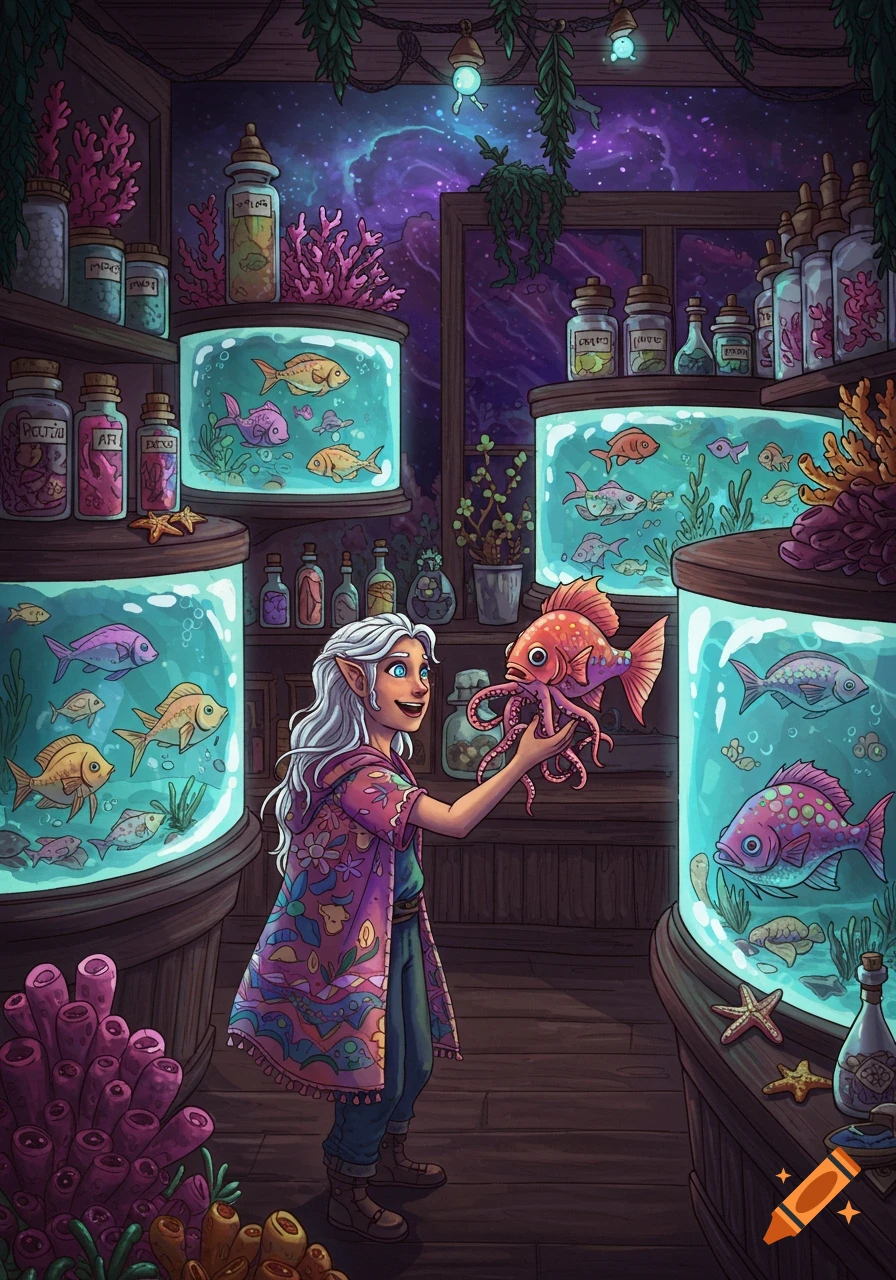 Illustration of an elf holding a strange fish in a fantasy fish shop with tanks and bottles.