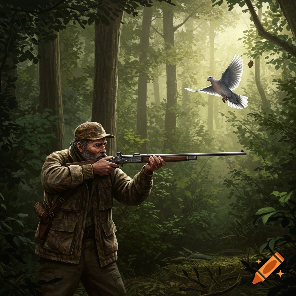 Hunter aims rifle at dove in forest illustration