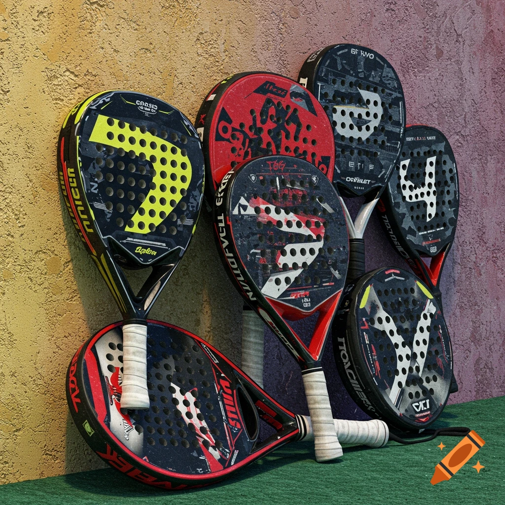 Several padel and tennis rackets leaning against a wall, photorealistic render