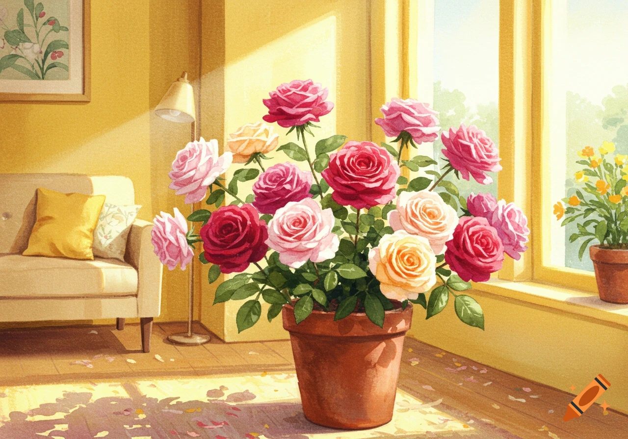 Watercolor painting of a pot of colorful roses in a sunny yellow living room.