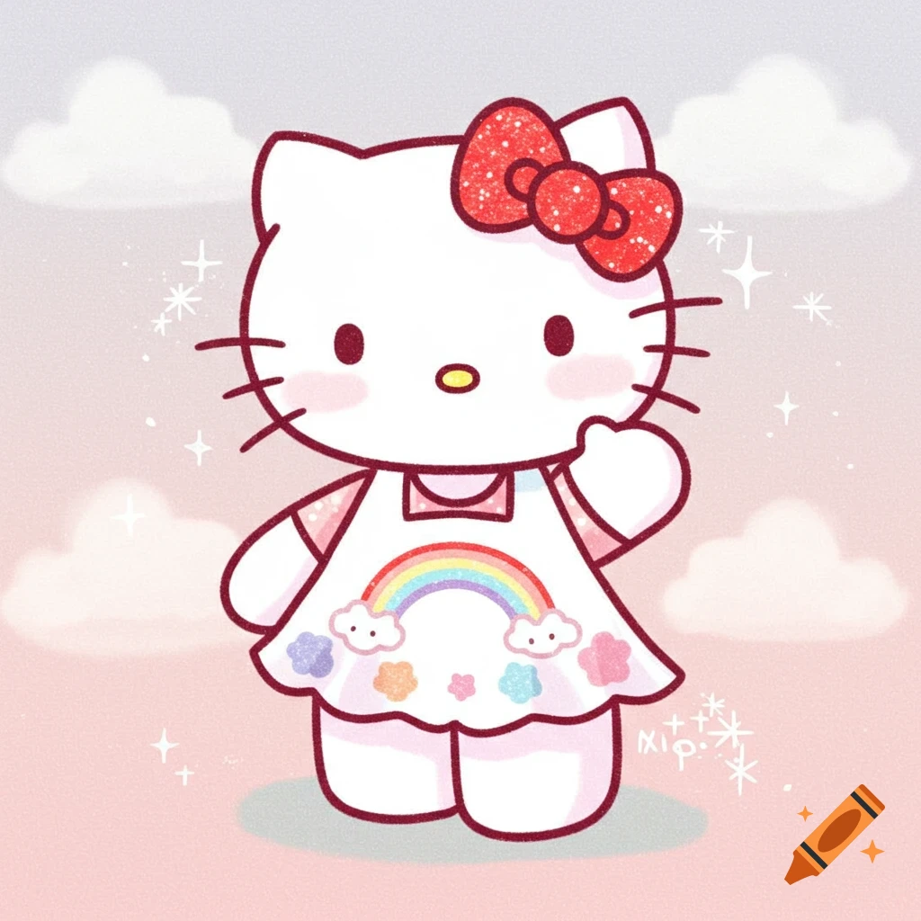 Cartoon drawing of Hello Kitty wearing a white dress with a rainbow.