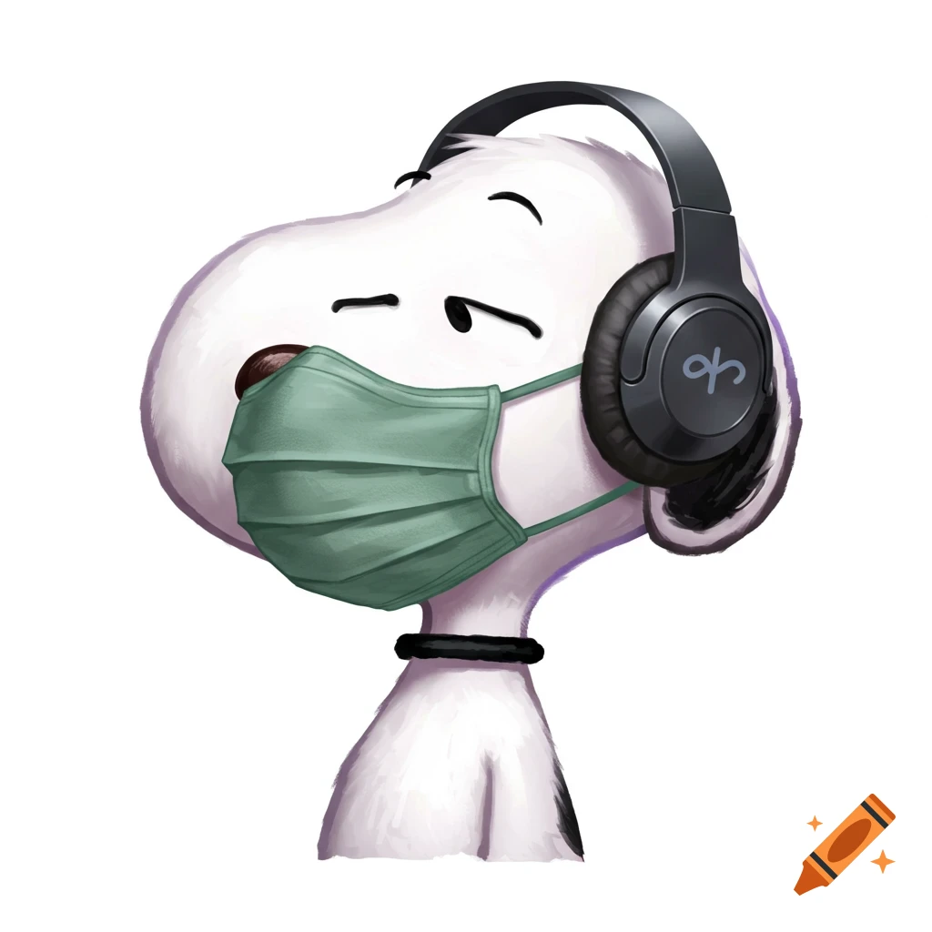 Snoopy wearing headphones and a medical mask on a white background.