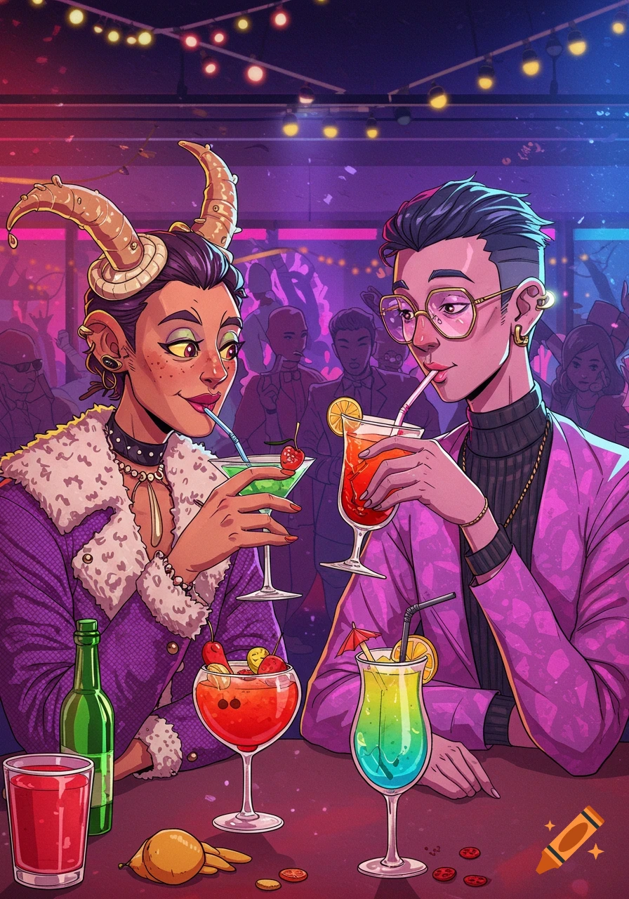Two stylized people, one with horns, drinking colorful cocktails at a vibrant party or bar scene illustration.