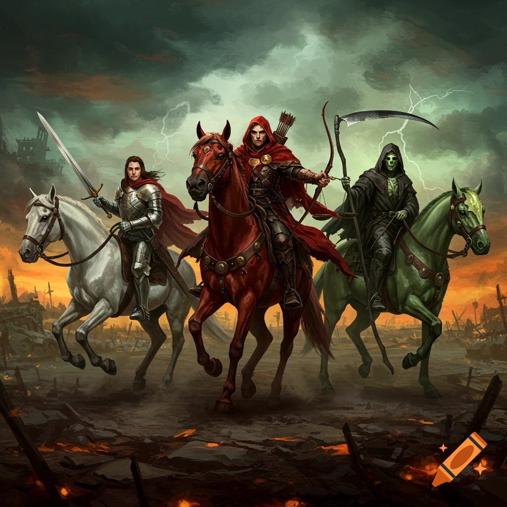Three figures on horseback ride through a stormy apocalyptic landscape. One is armored with a sword, one hooded with a bow, and one a skeletal figure with a scythe.