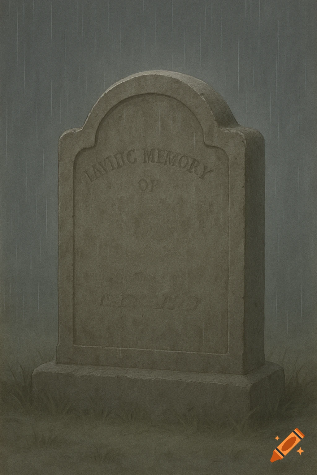 A rain-streaked tombstone stands in a gloomy graveyard.