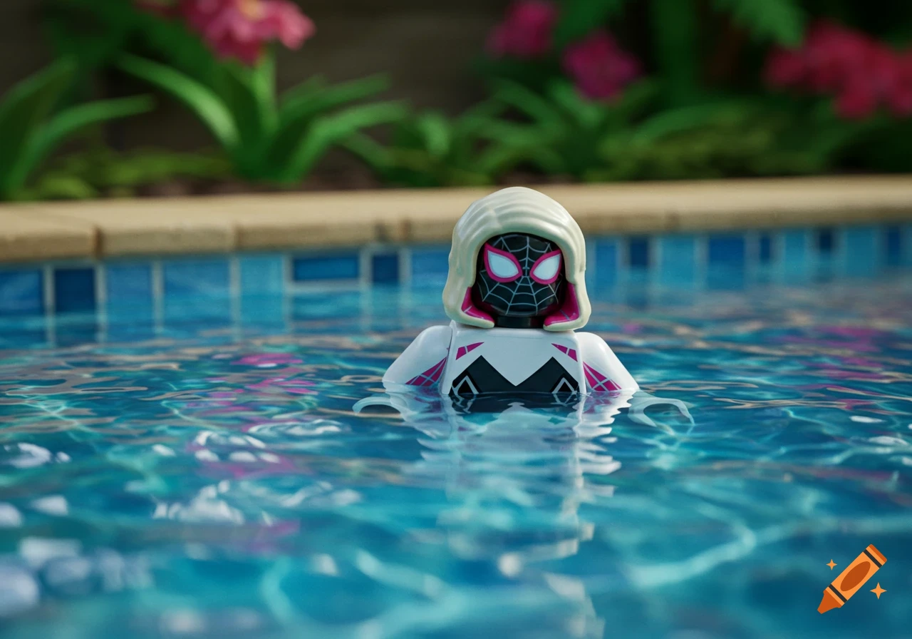 Lego Spider-Gwen figure floats in a swimming pool.