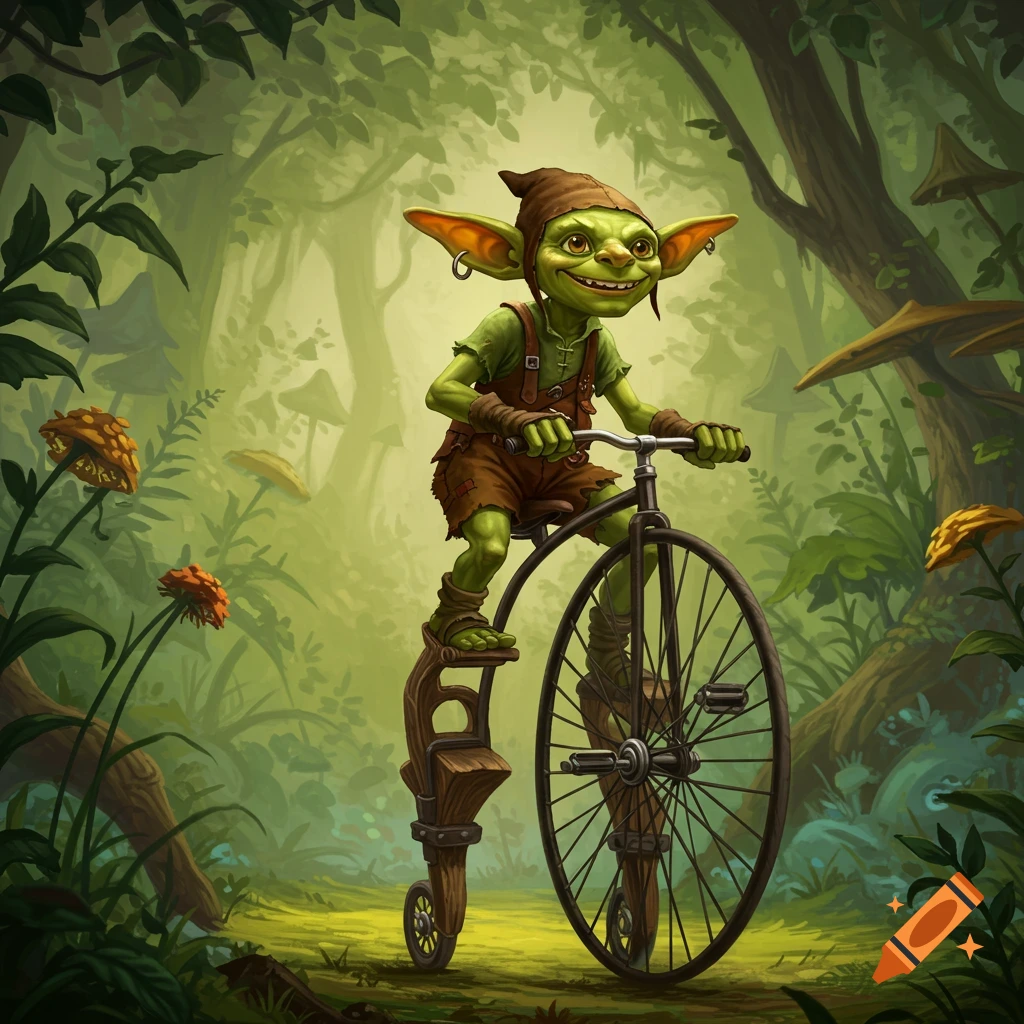 A green goblin on a penny farthing bicycle rides through a forest.