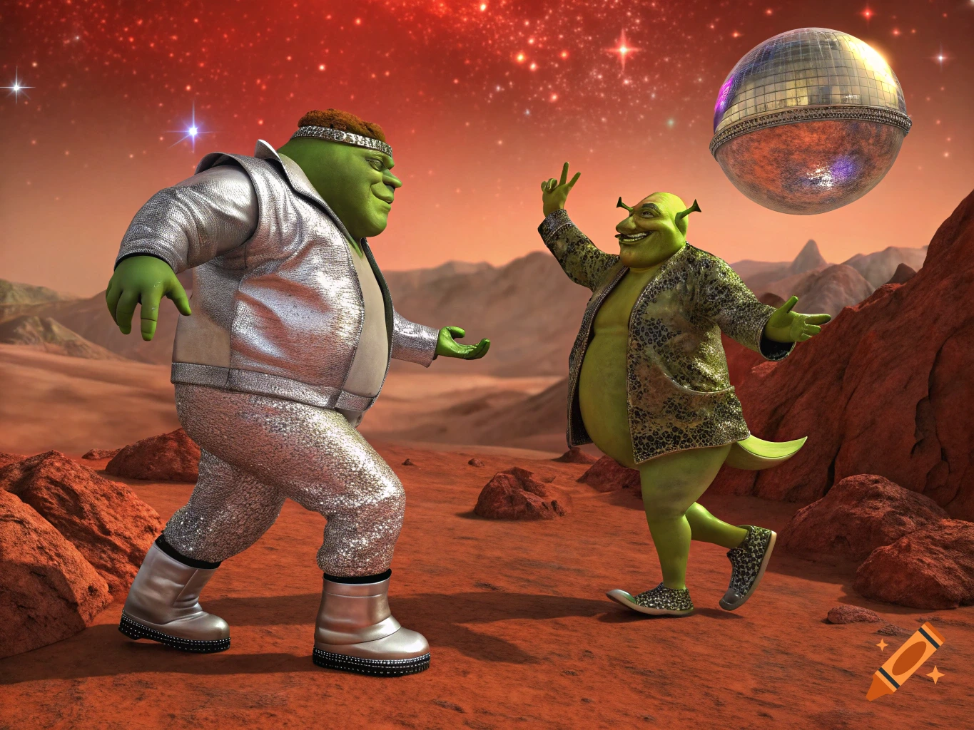 Two characters resembling Shrek in disco outfits dance on a red planet with a giant disco ball in the sky.