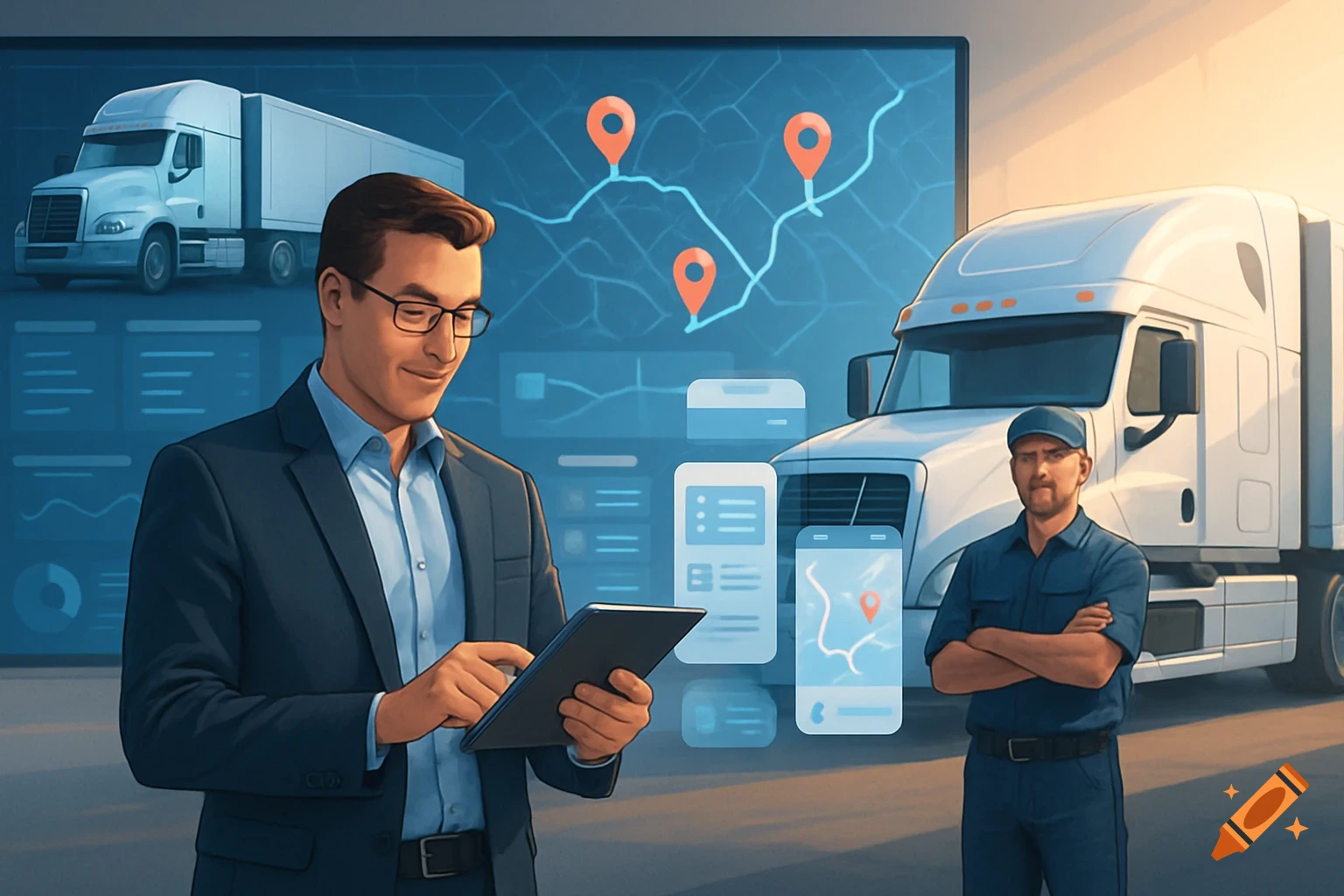 Businessman using tablet for logistics near a truck driver and a large screen showing a transport map.