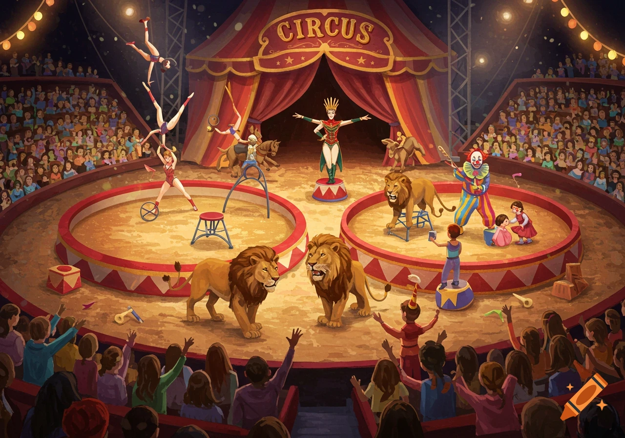 Illustration of a busy 3-ring circus with performers, lions, a clown, and a large audience.