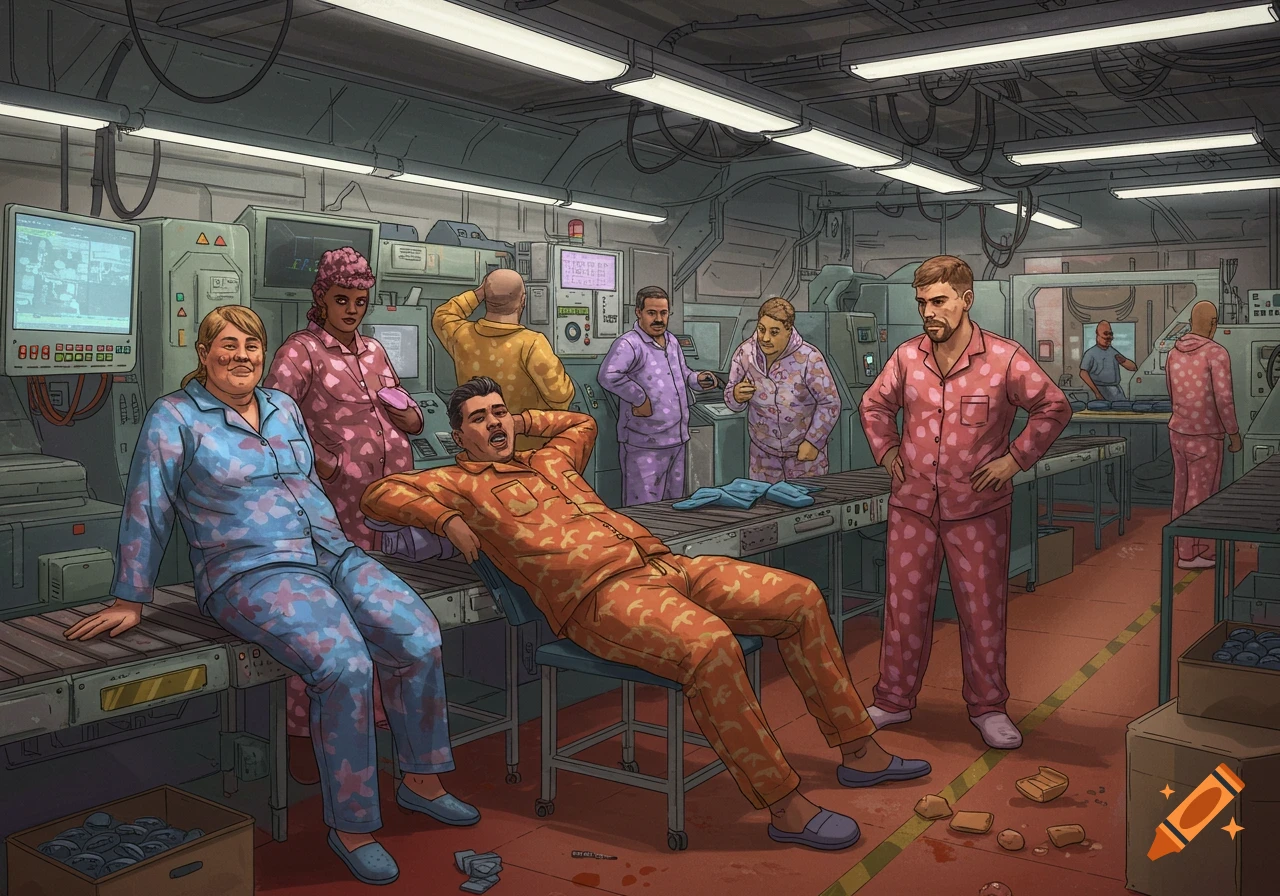 People in colorful pajamas relaxing on an assembly line in a factory.