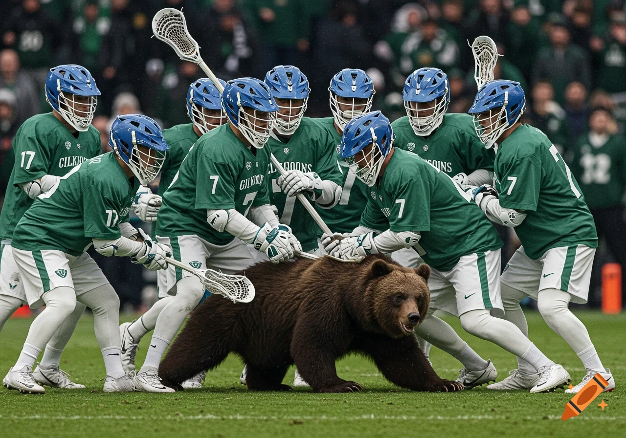 Lacrosse players in green jerseys surrounding a brown bear on a grassy field. Photorealistic.