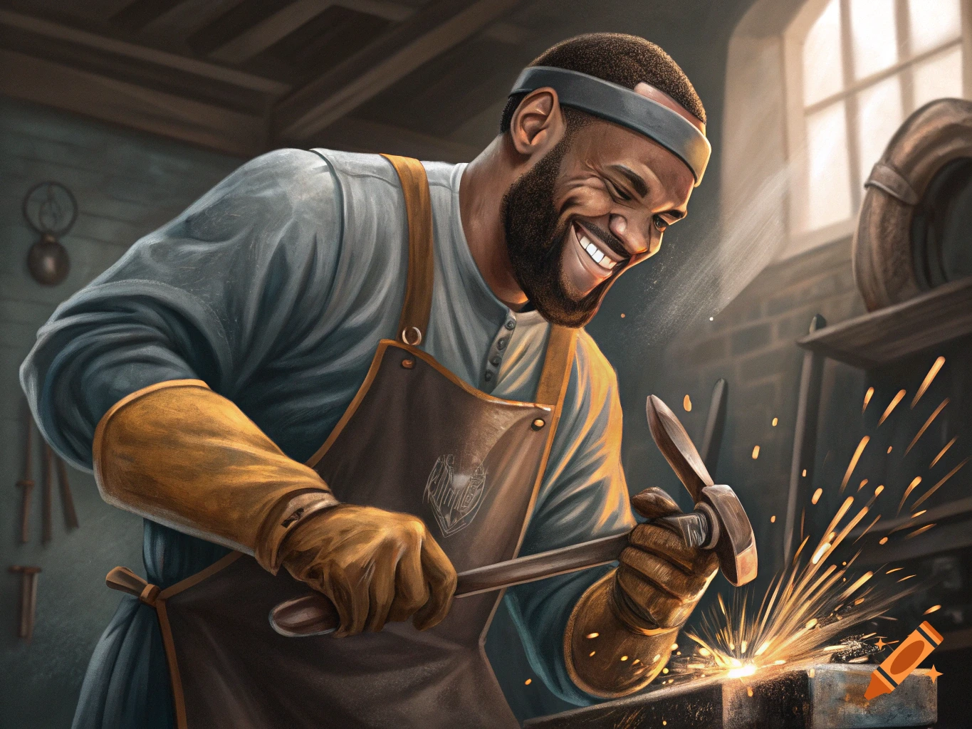 Illustration of a man resembling LeBron James smiling while metalworking with a hammer and sparks flying.