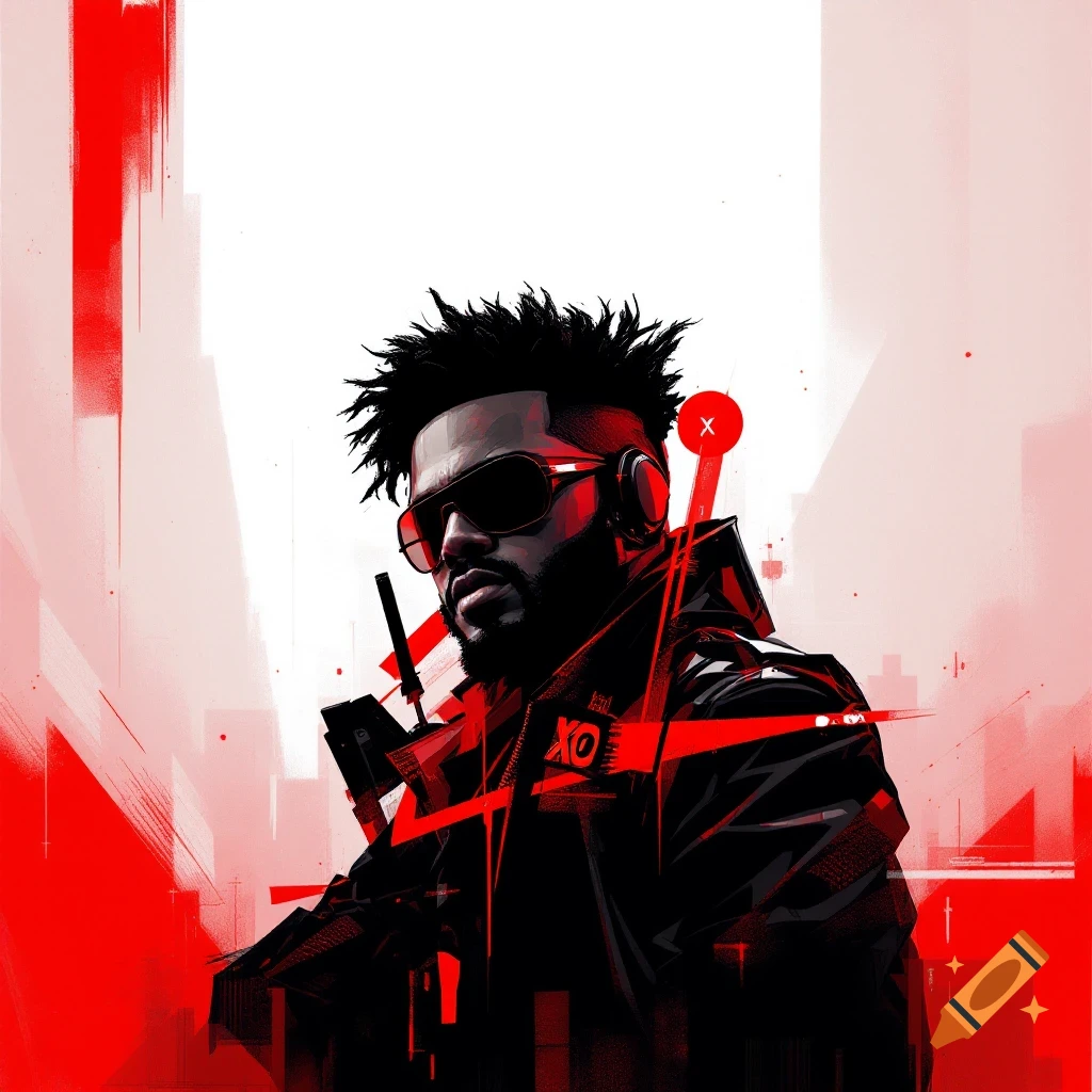 Stylized graphic portrait of a man with headphones and sunglasses in red, black, and white with an XO symbol.