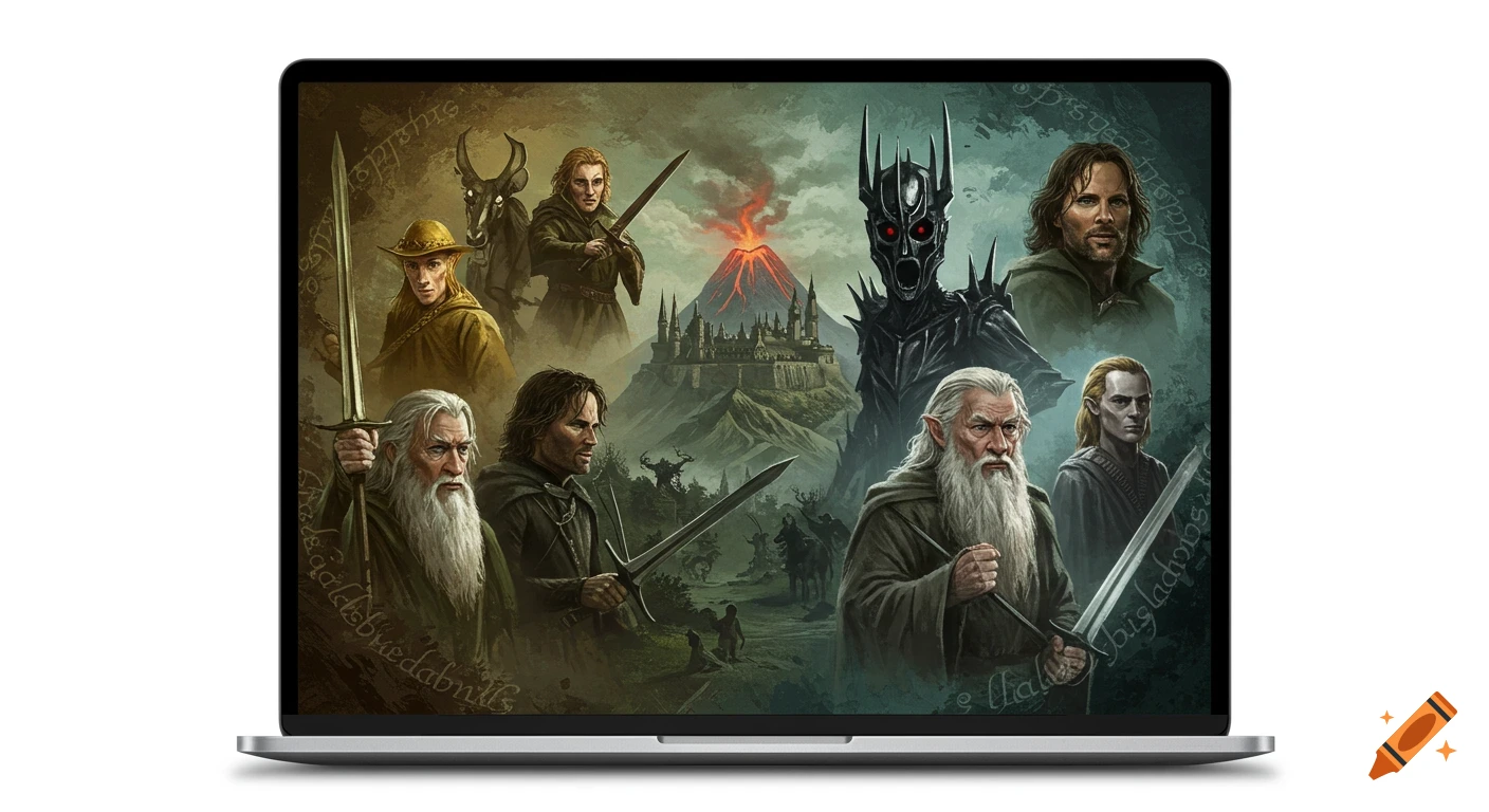Lord of the Rings character collage with Gandalf, Aragorn, Sauron, and Mount Doom.