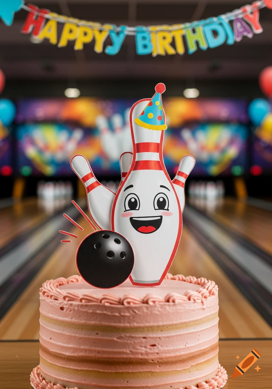 Cartoon bowling pin and ball on birthday cake with Happy Birthday banner