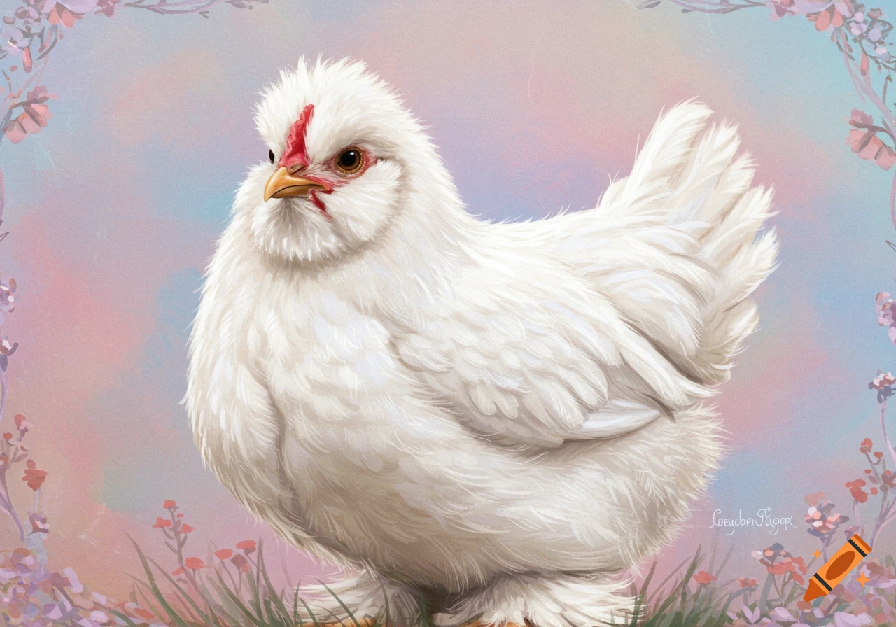 An illustration of a fluffy white Silkie chicken against a pastel pink and blue background with flowers.