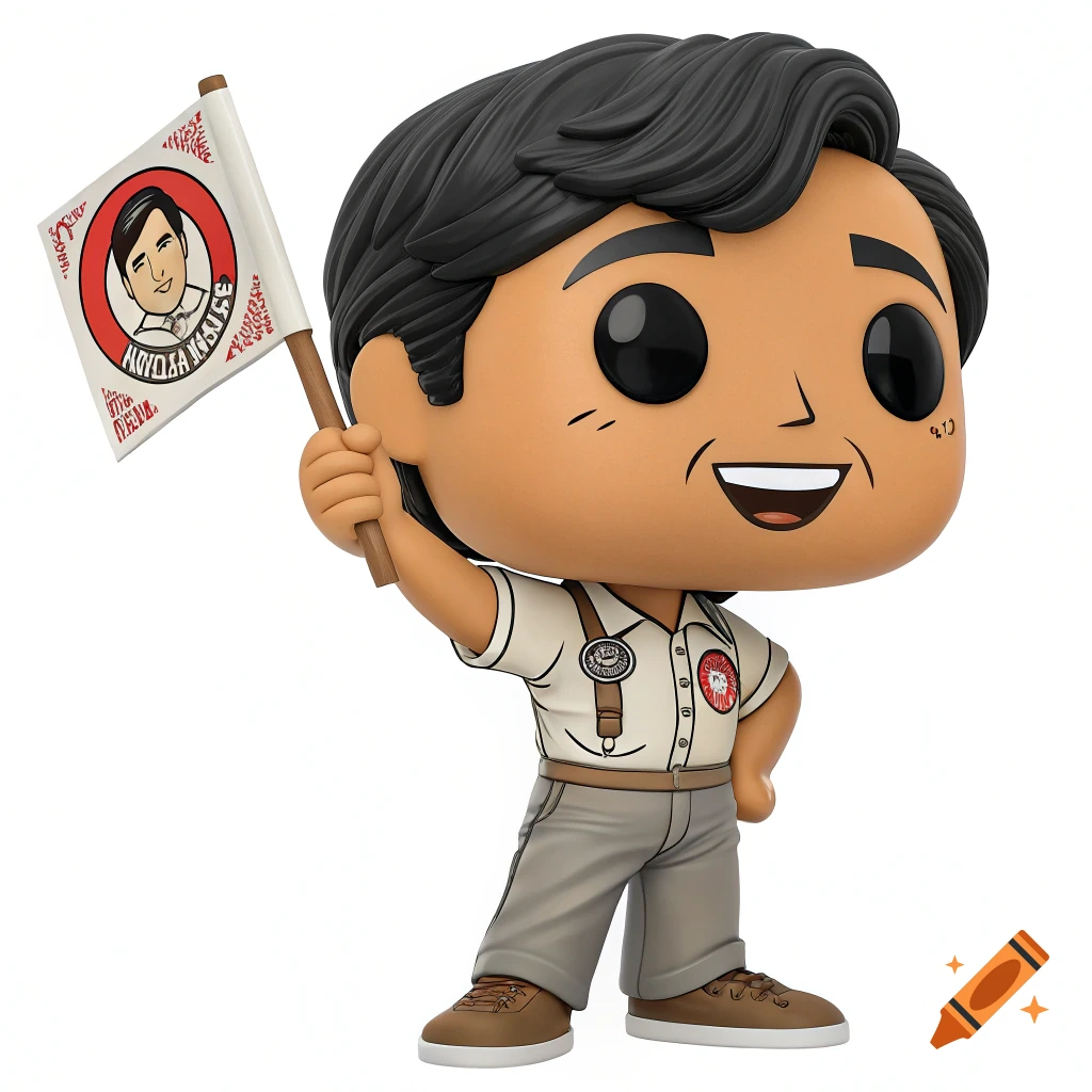 A Funko POP figure of Cesar Chavez holding a flag.