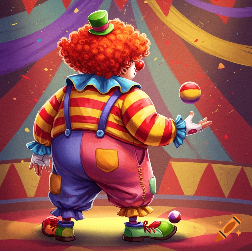 A chubby clown in colorful overalls and striped shirt juggles balls in a circus tent, seen from the back.