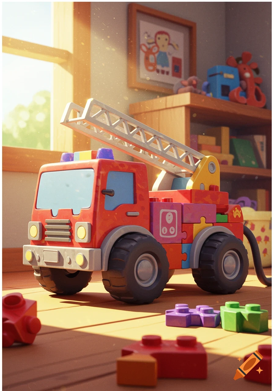 A toy fire truck made of colorful building blocks sits on a wooden floor in a sunlit playroom.