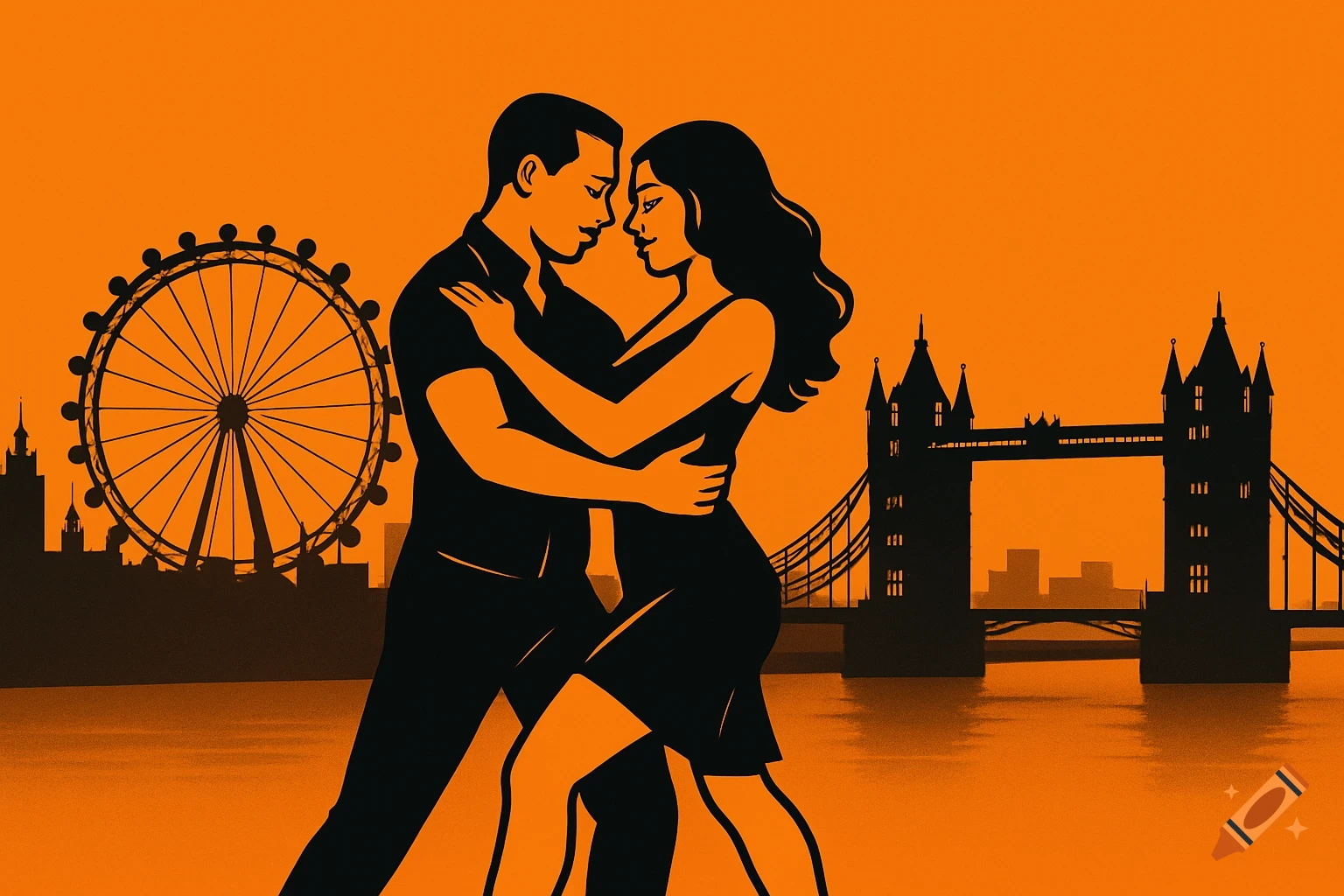 Silhouetted couple dancing with London Eye and Tower Bridge in background, orange and black illustration.