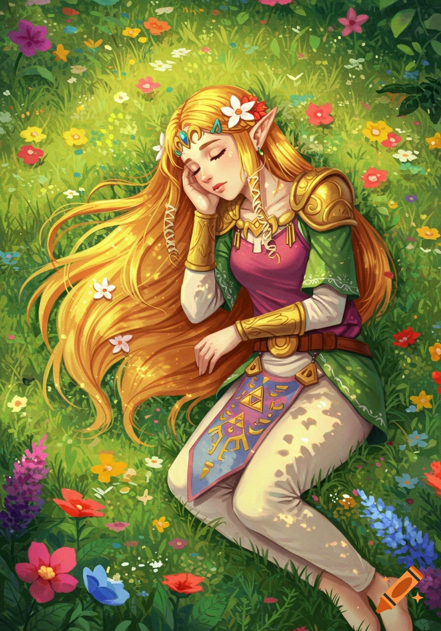Illustration of Zelda sleeping peacefully in a field of colorful flowers.