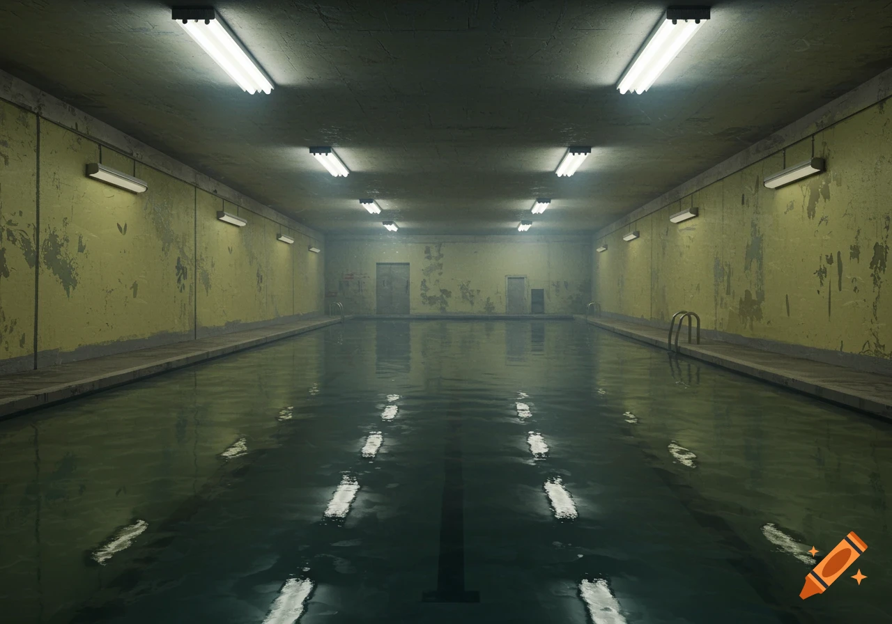 Empty, eerie indoor swimming pool with green water, peeling walls, and fluorescent lights.
