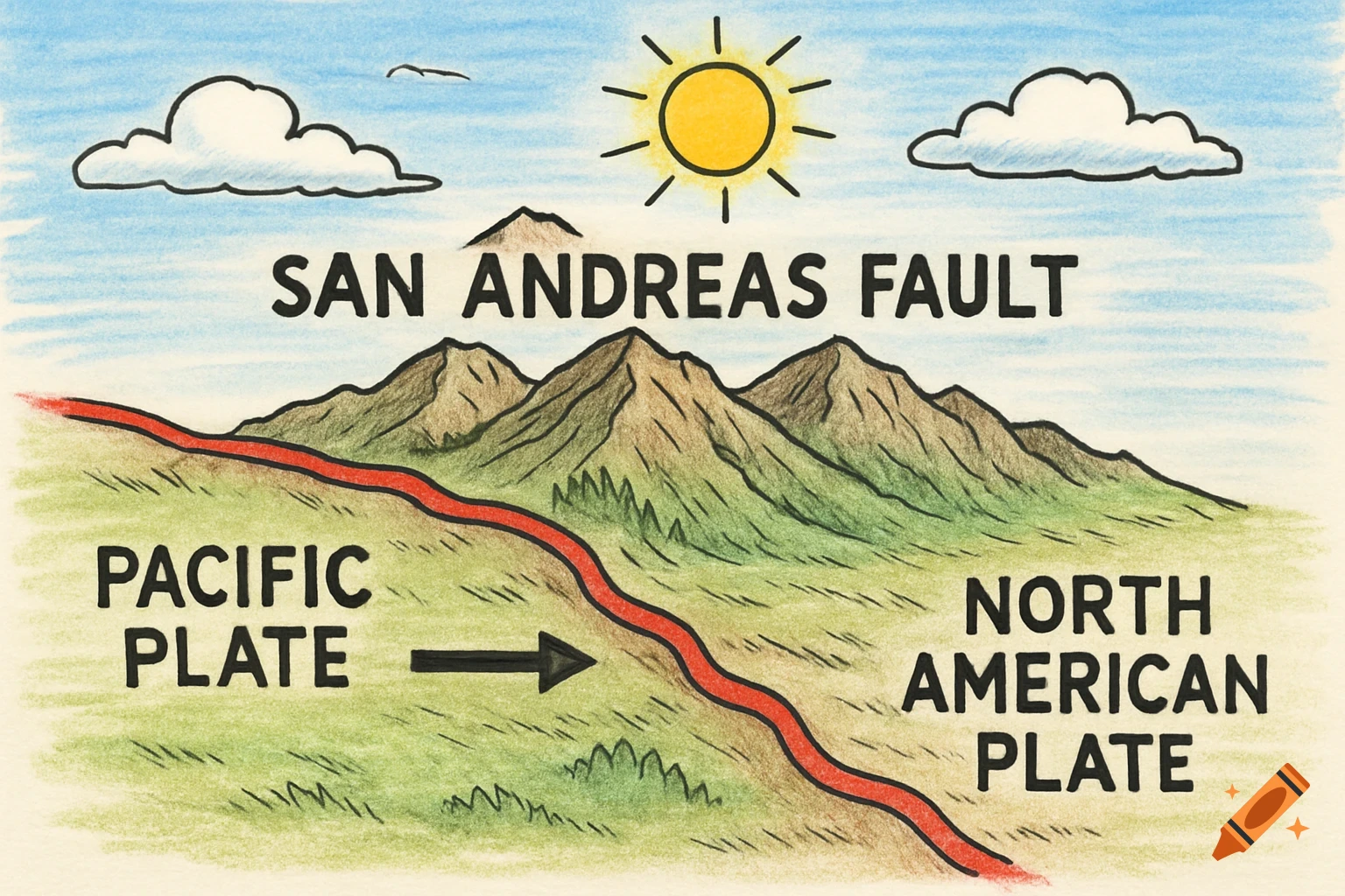Colored pencil diagram of the San Andreas Fault showing Pacific and North American tectonic plates, mountains, sun, and clouds.