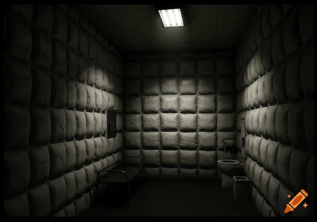 A dark padded cell with a bed, toilet, and fluorescent light.