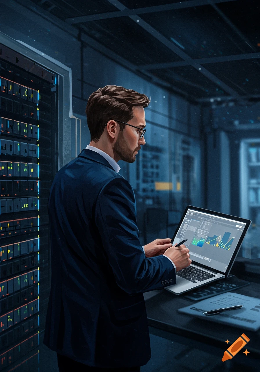 Man in a suit works on a laptop in a dark server room.