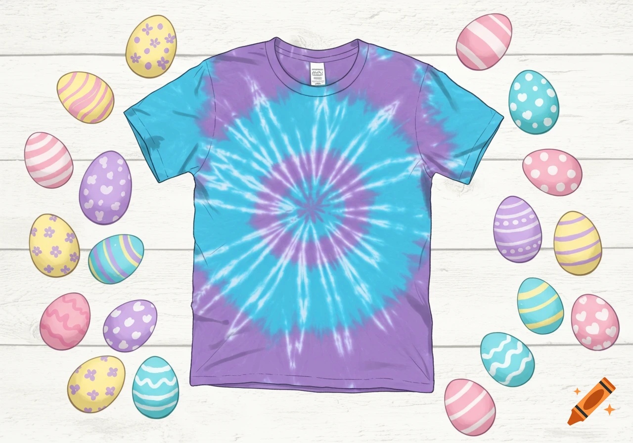 A tie-dye t-shirt surrounded by decorated Easter eggs.