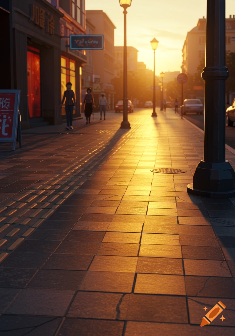 Sunset light on a city sidewalk with people walking.